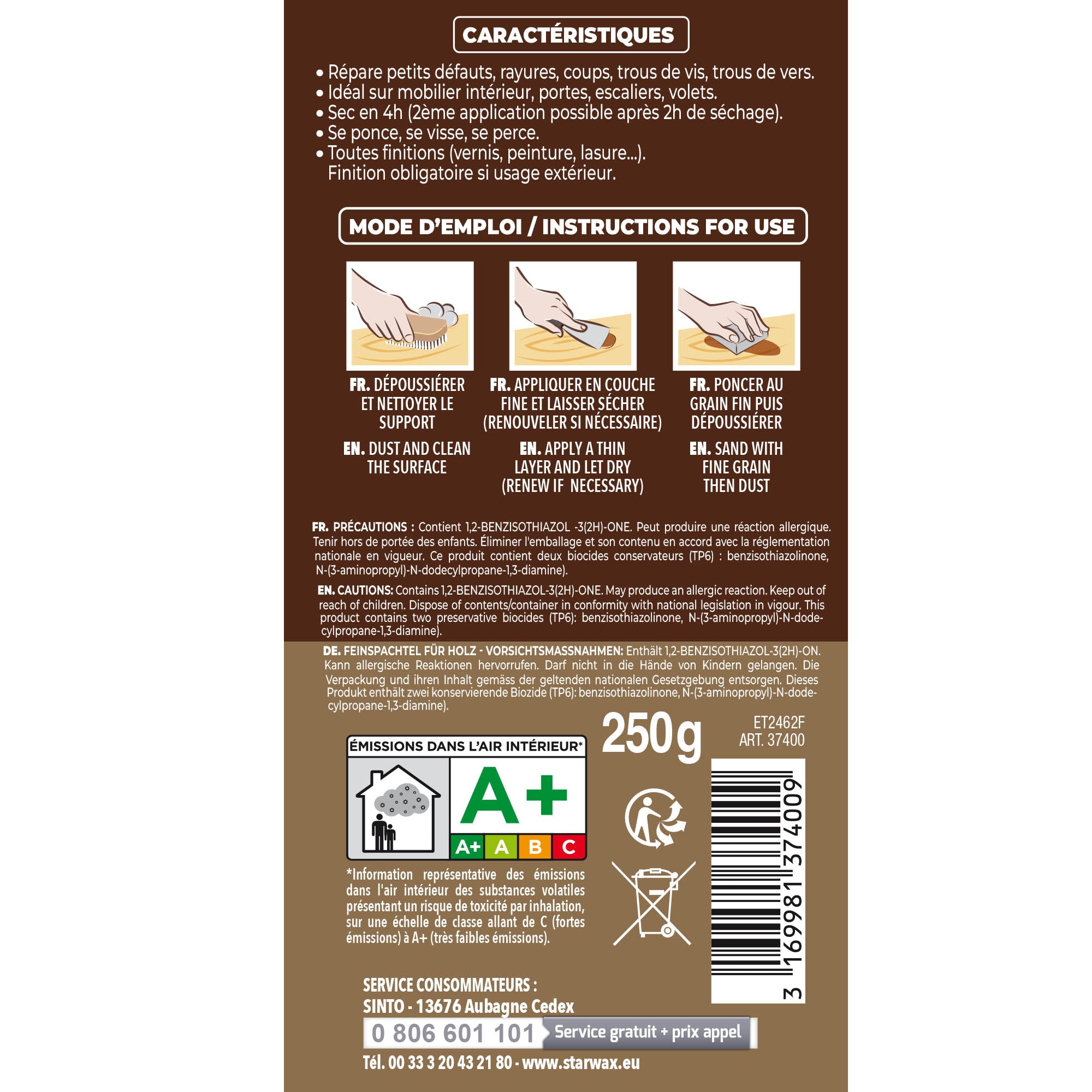 SINTO - Rebouche imperfections -  Pâte à bois naturel 80g Blanc