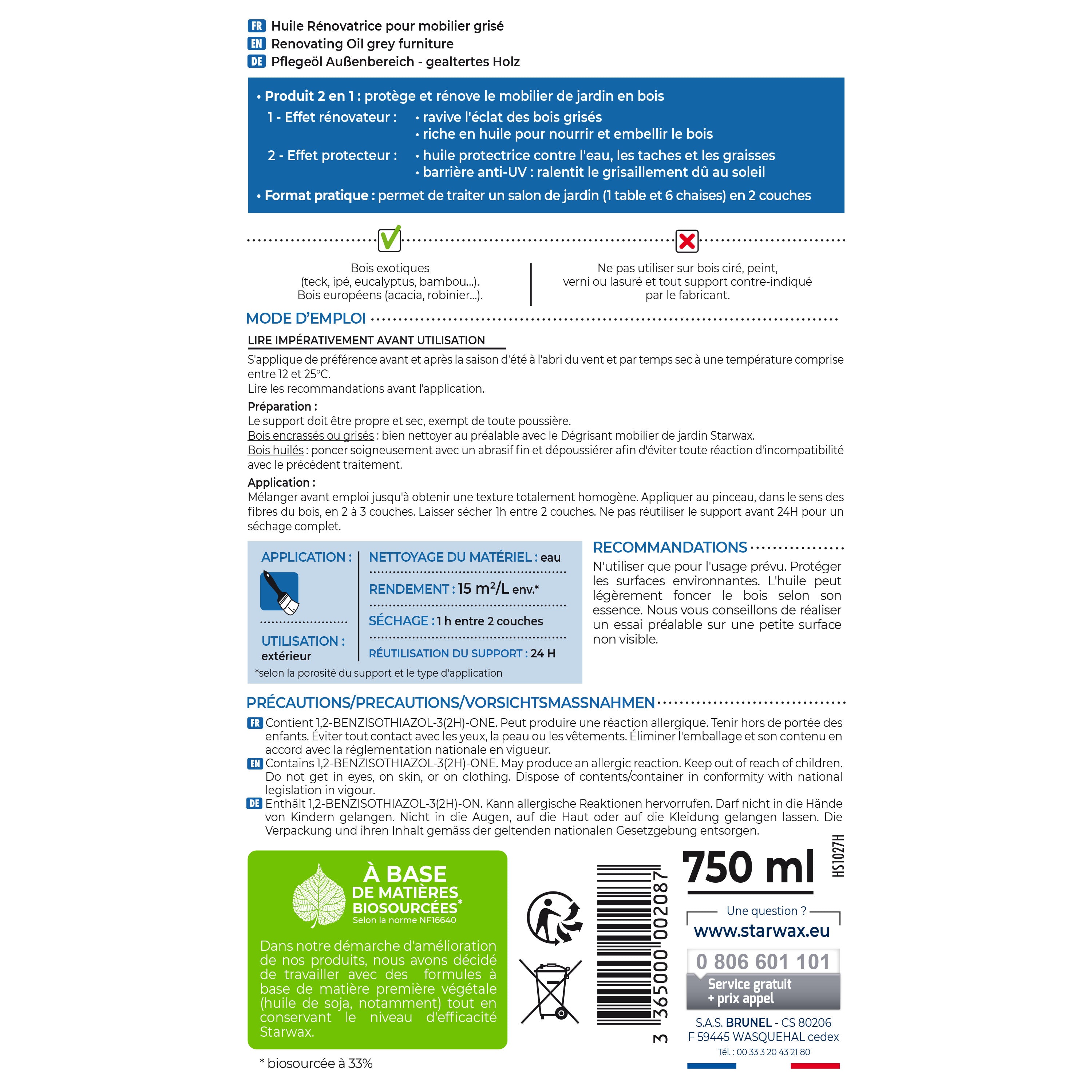 STARWAX - Huile rénovatrice application facile pour mobilier grisé 750ml Teck