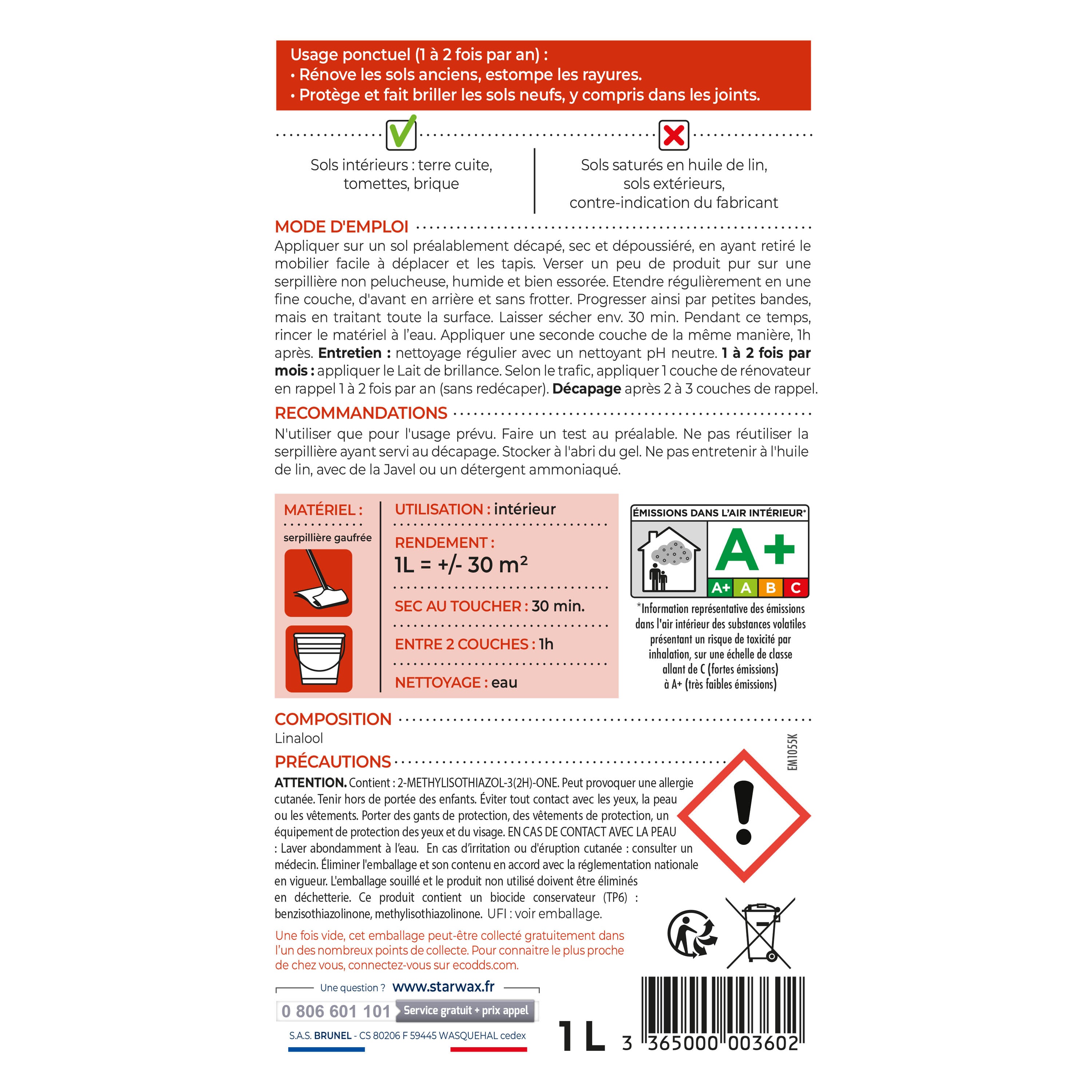 STARWAX - Rénovateur brillant protecteur pour tomettes et terres cuites 1L incolore 
 1L