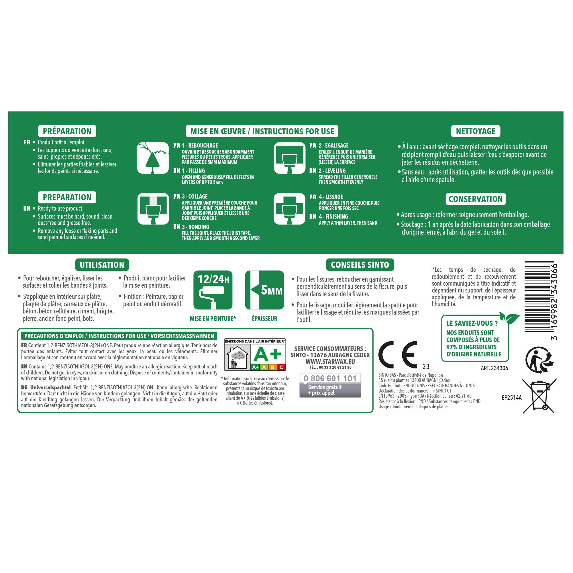 SINTO - Enduit universel pâte 330g Blanc
