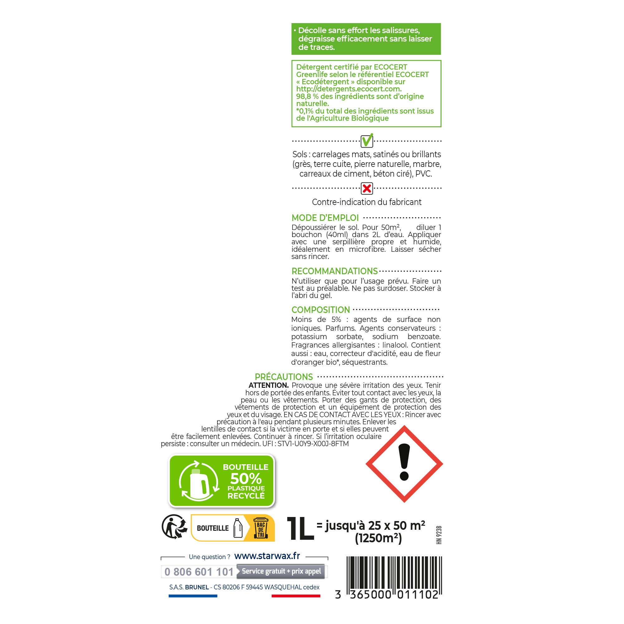 STARWAX SOLUVERT - Nettoyant concentré pour carrelages et sols plastiques
 1L