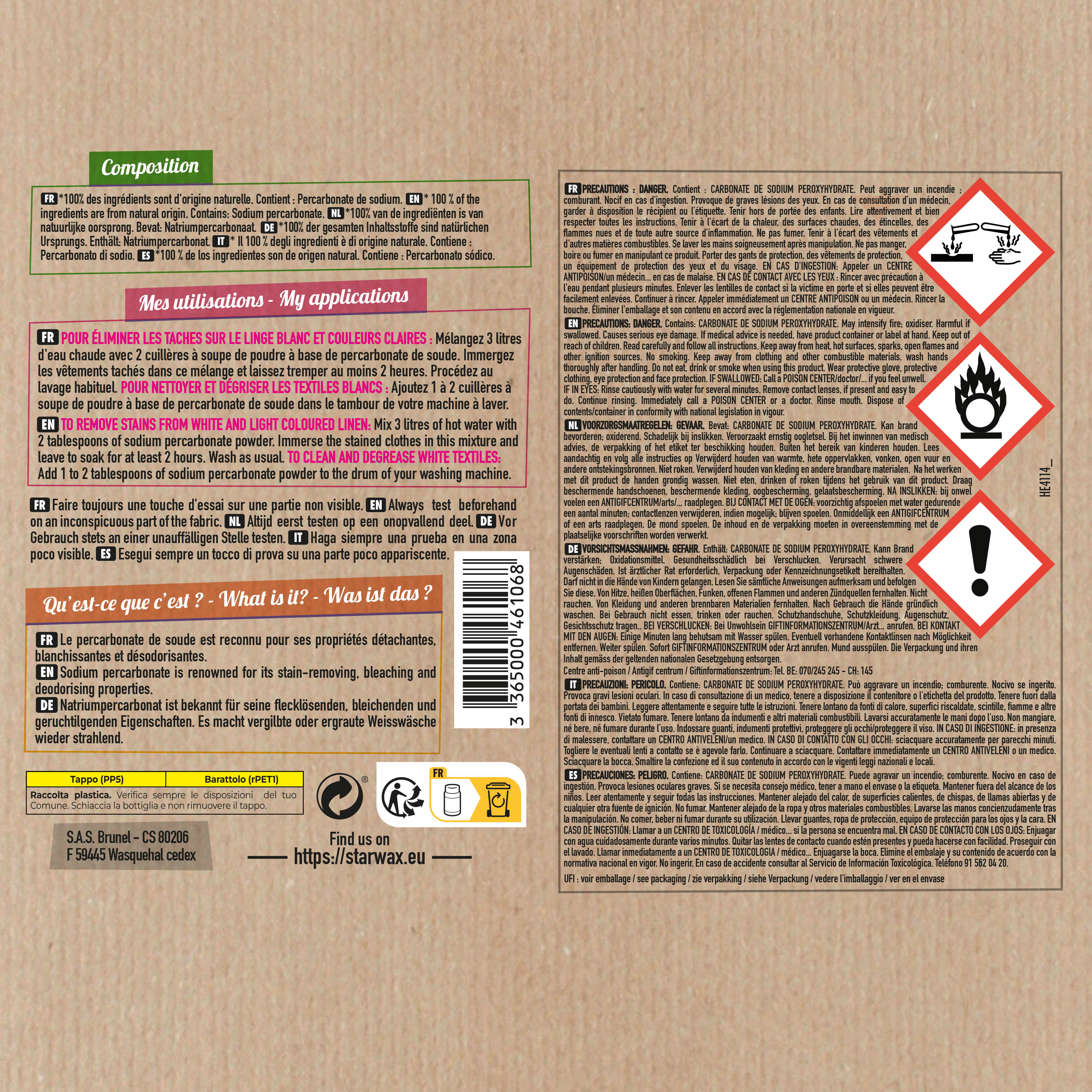 STARWAX FABULOUS - Ma poudre détachante & raviveur de blancheur au percarbonate de soude – Pot pratique 400g