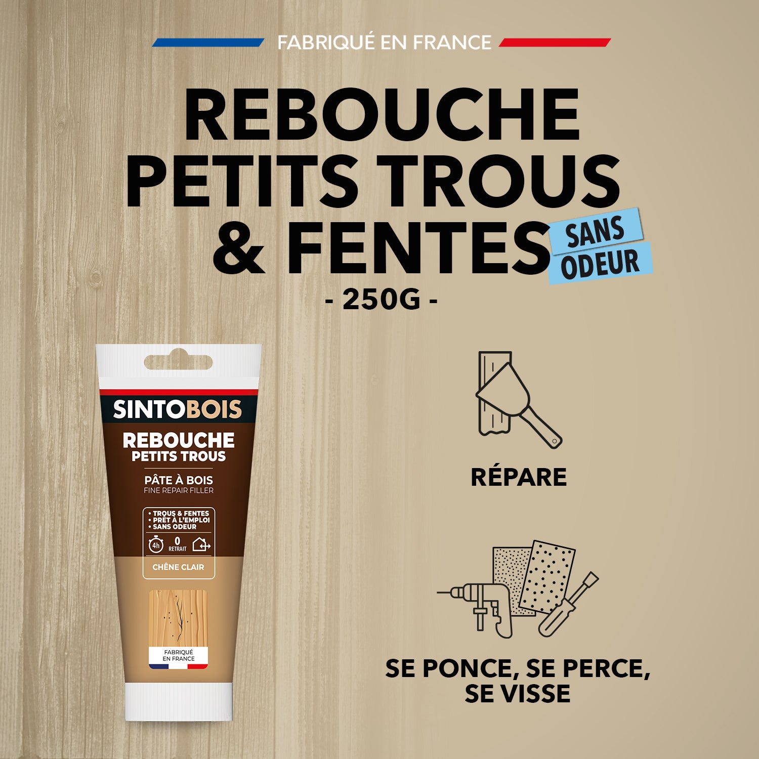 SINTO - Rebouche imperfections -  Pâte à bois naturel 80g Blanc