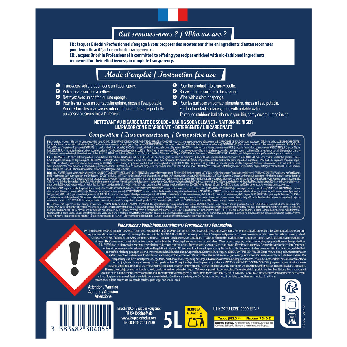 JACQUES BRIOCHIN PRO - Le Bicarbonate de Soude prêt à l'emploi 5L Parfum verveine