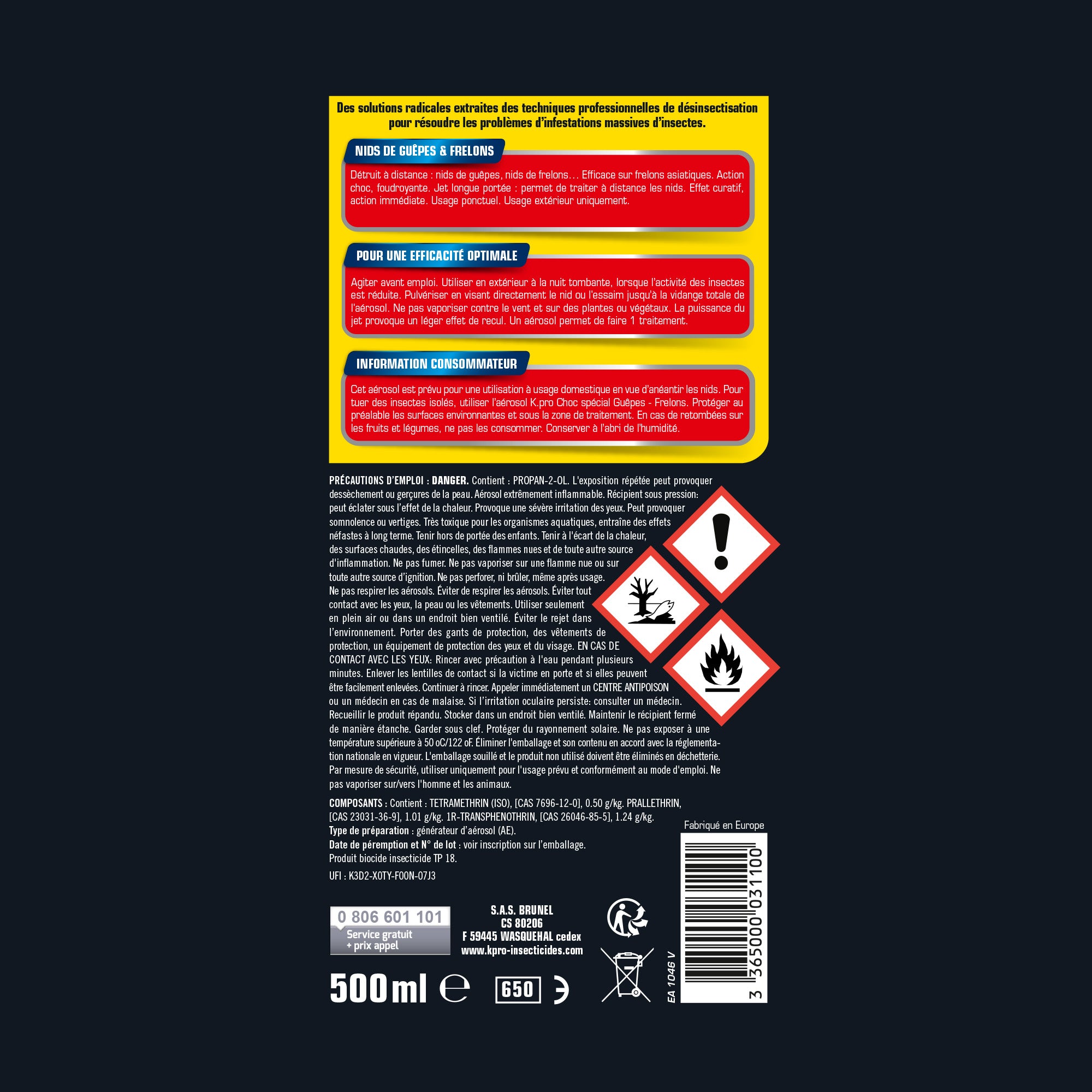 K.PRO - Aérosol foudroyant choc nids de guêpes et frelons 500ml