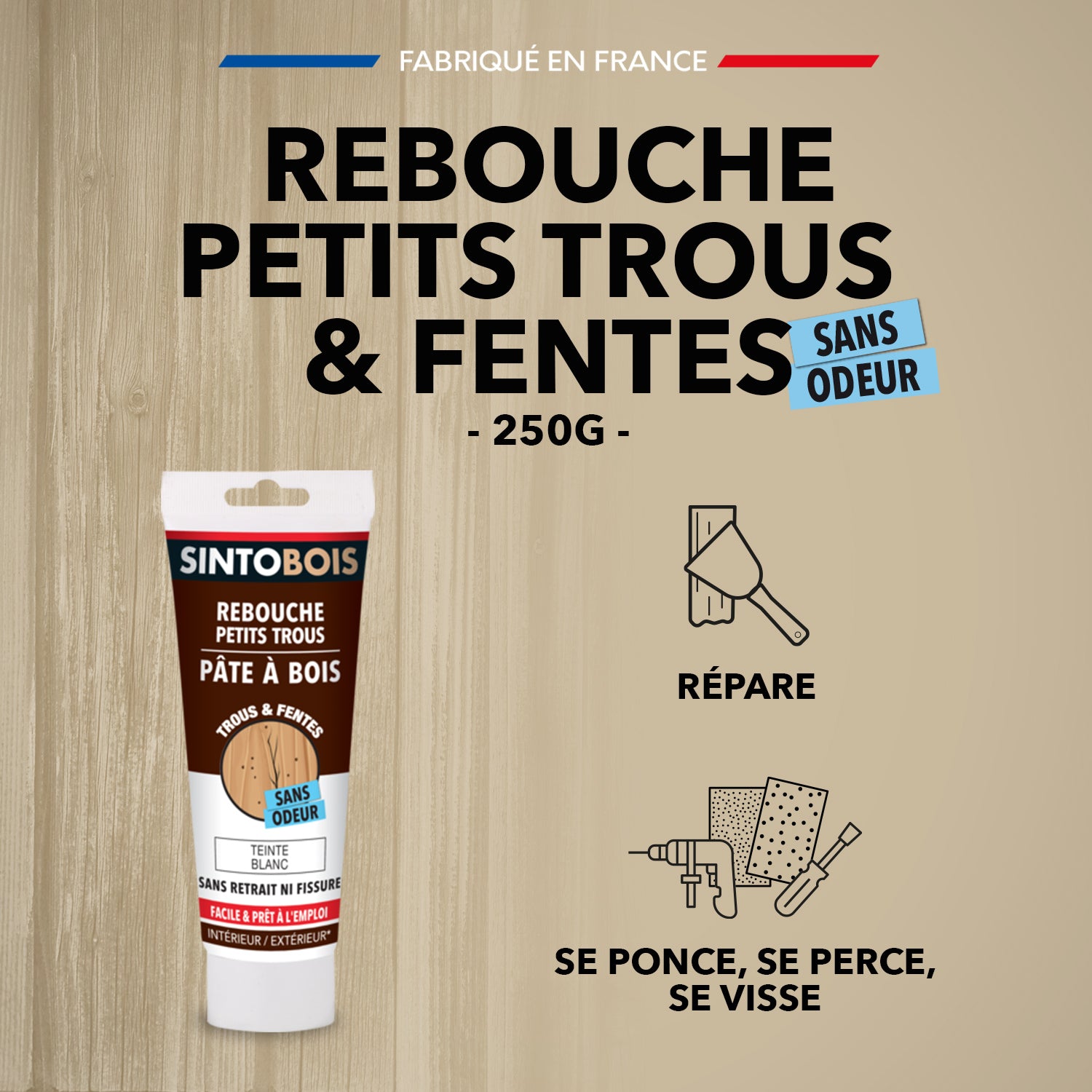 SINTO - Rebouche imperfections -  Pâte à bois naturel 80g Blanc