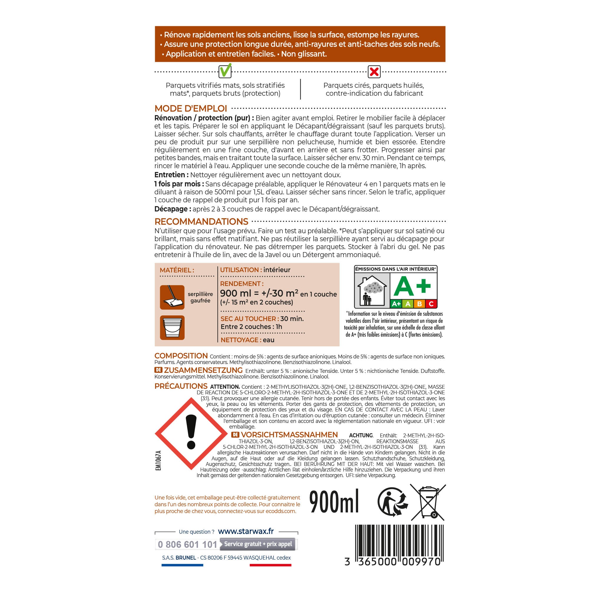 STARWAX - Rénovateur 4 en 1 Parquets mats et stratifiés 1L