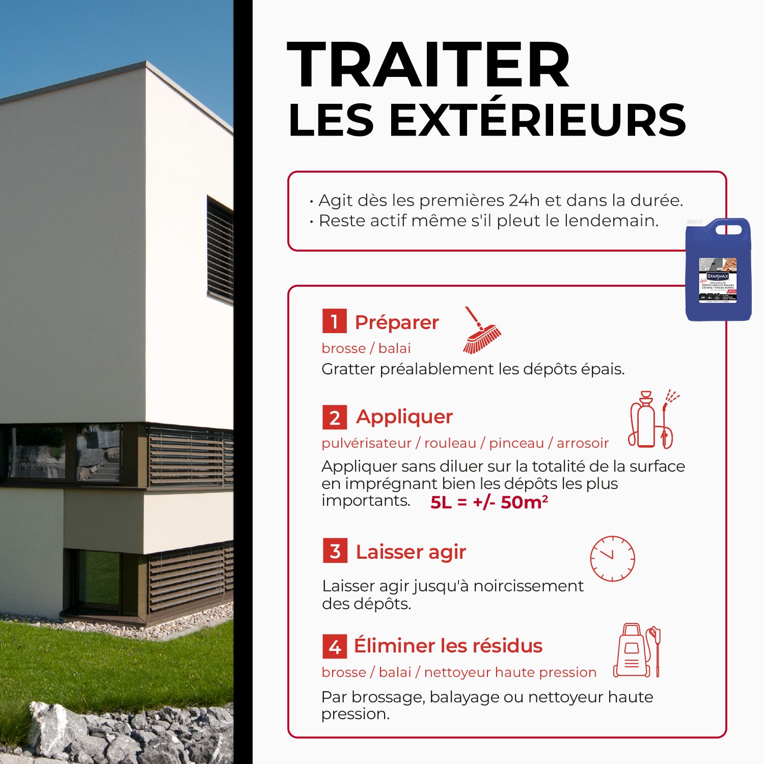 STARWAX - Destructeur de dépôts verts, rouges, lichens et traces noires prêt à l'emploi pour toitures, murs et sols extérieurs 1L