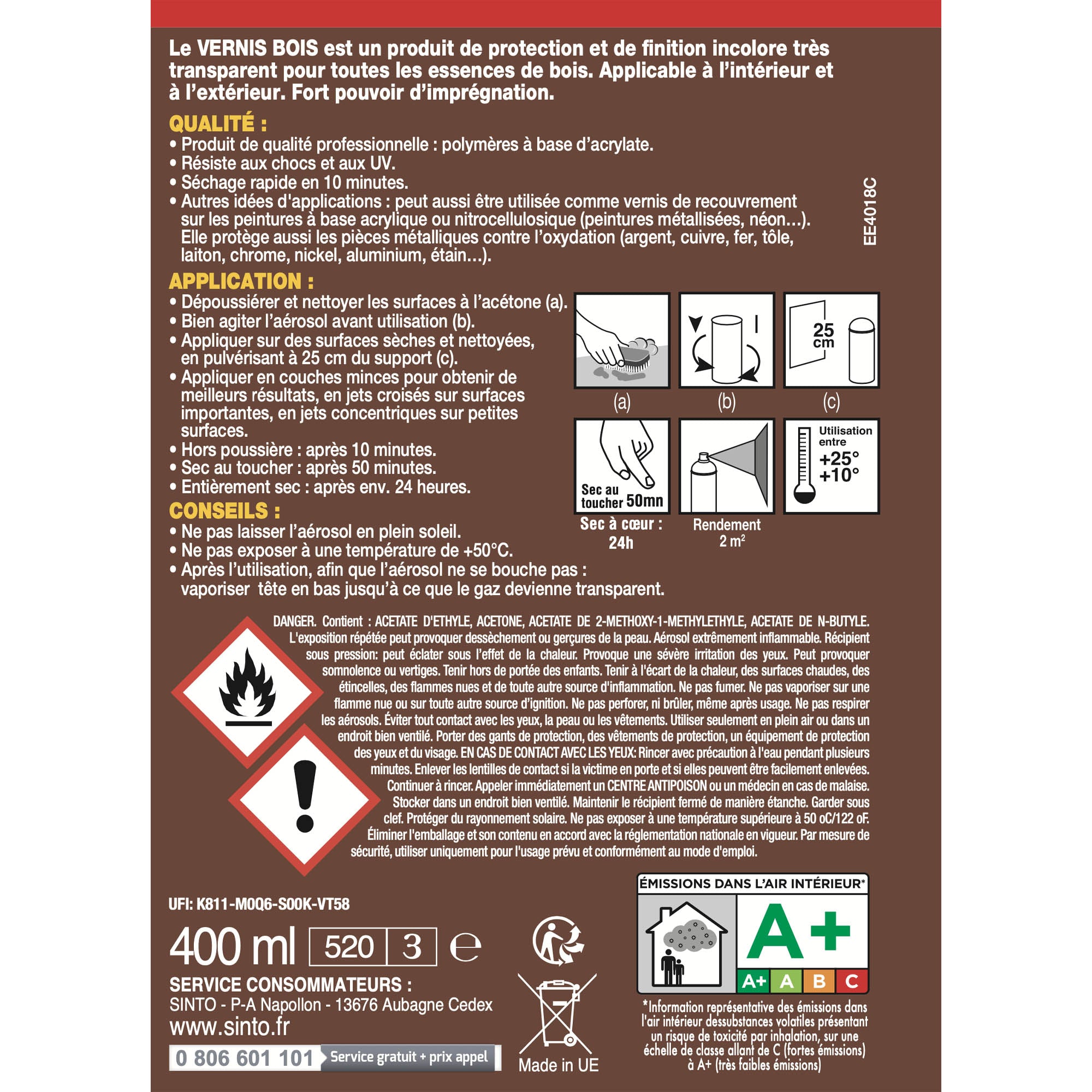 SINTO - Aérosol vernis bois 400ml Satiné