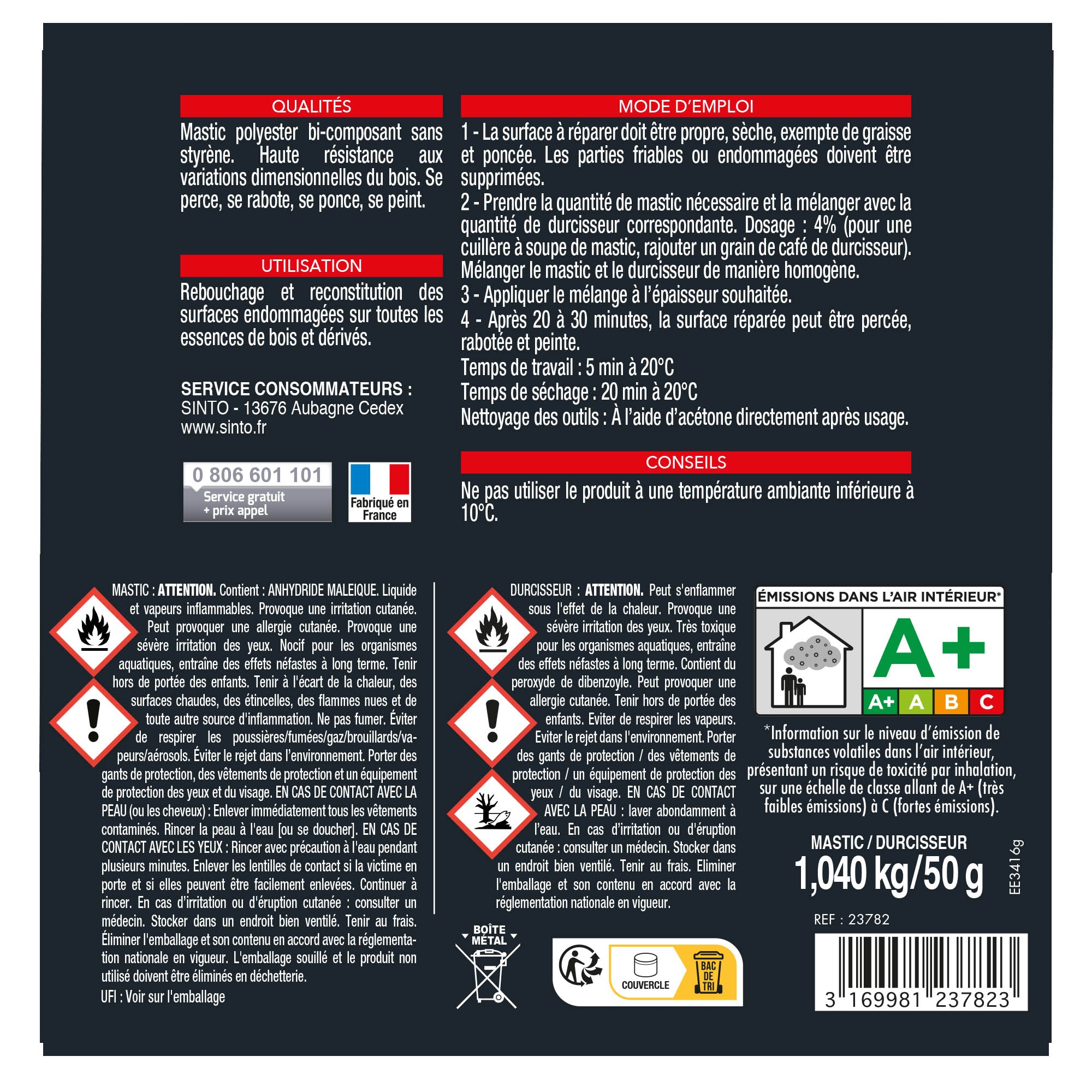 SINTO - Mastic bois standart 1,09kg Chêne