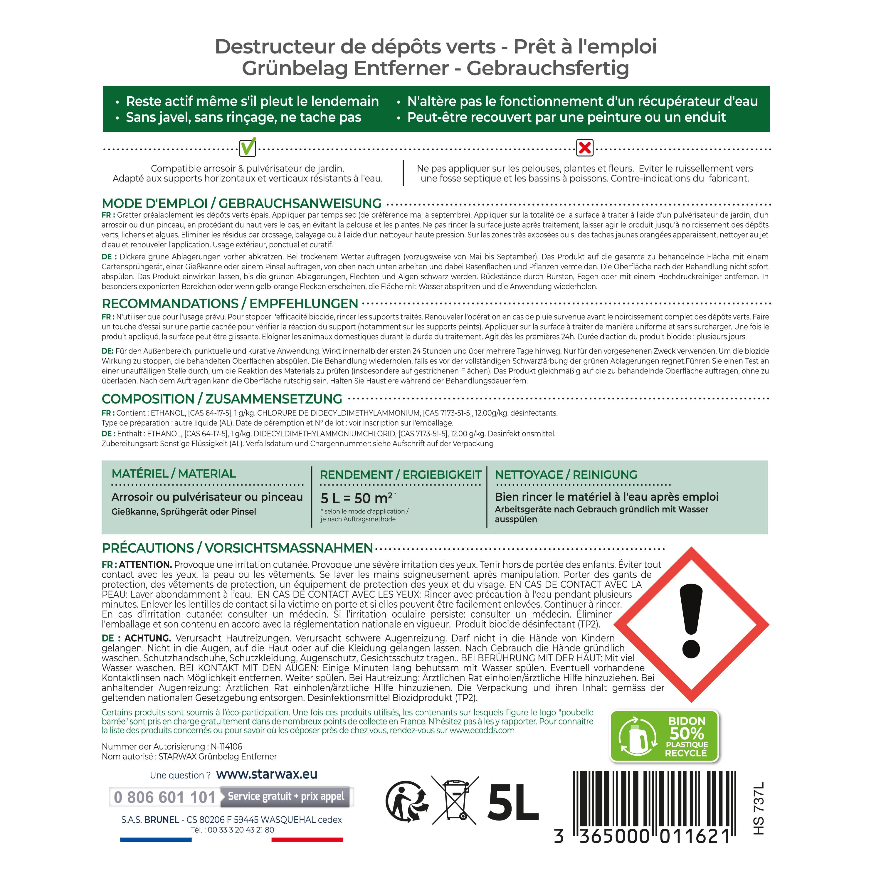 STARWAX - Destructeur de dépôts verts prêt à l'emploi pour toitures, murs et sols extérieurs 1L