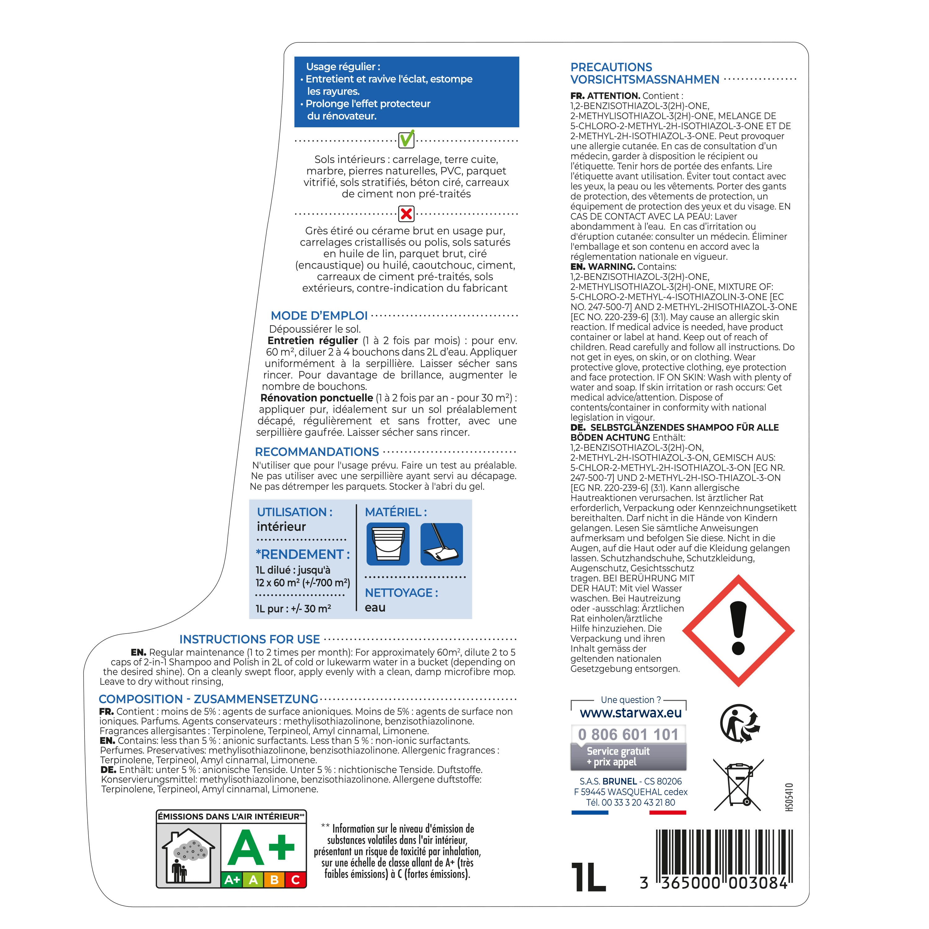 STARWAX - Shampooing autolustrant pour sols intérieurs 1L