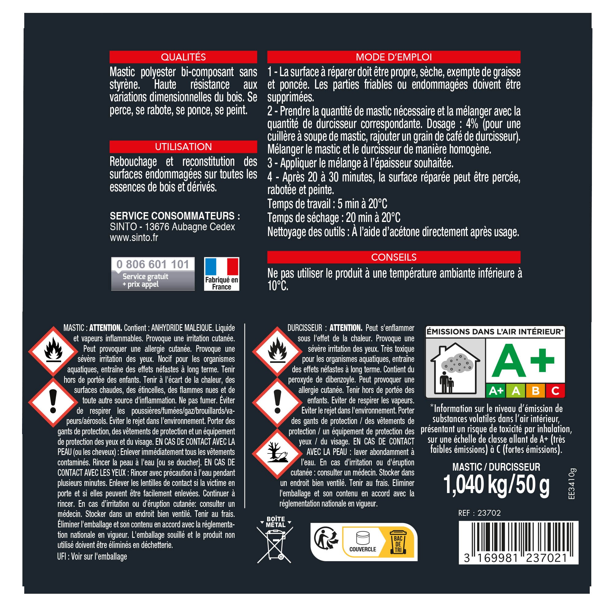 SINTO - Mastic bois standart 1,09kg Chêne