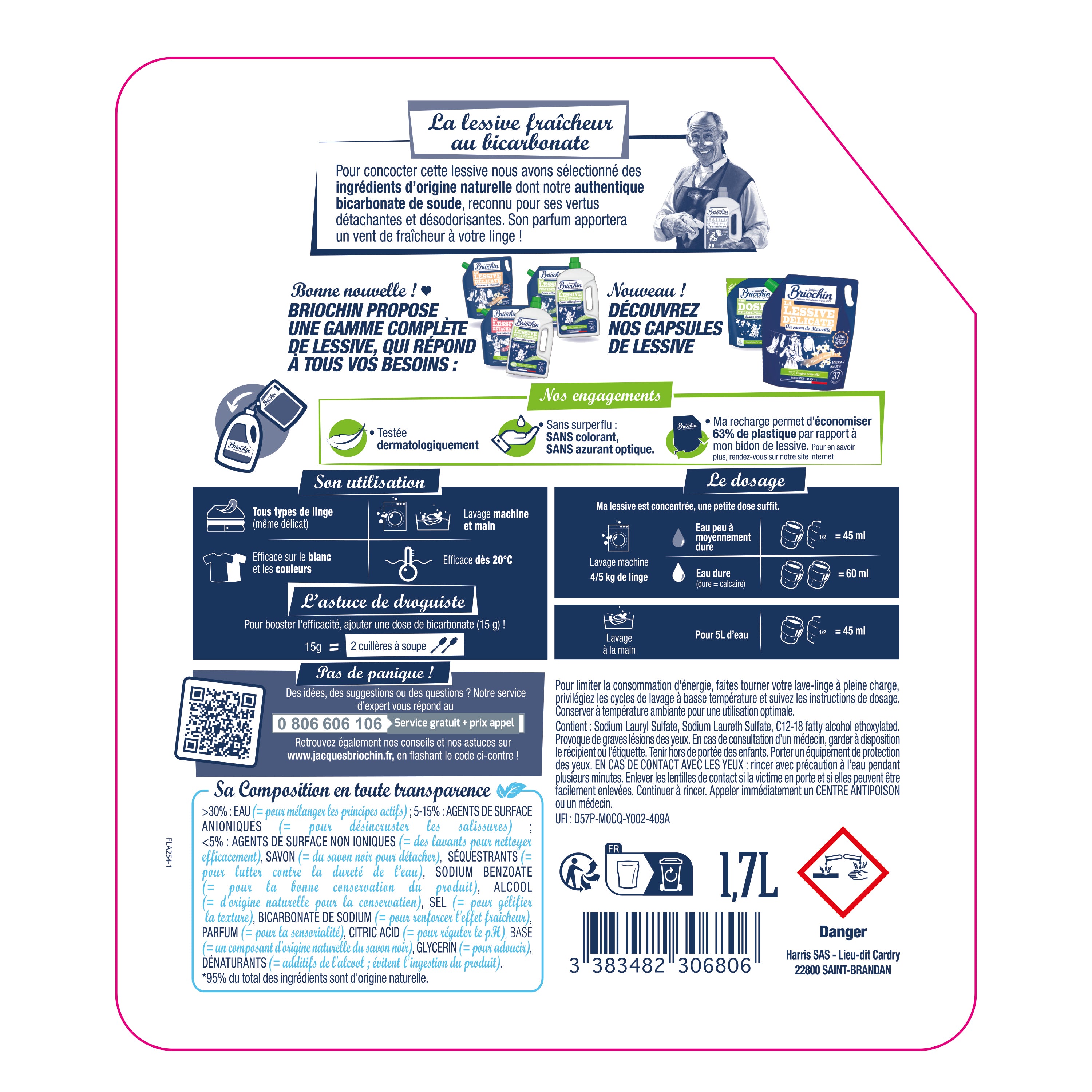 JACQUES BRIOCHIN - Recharge Ma Lessive au bicarbonate de soude - Fraîcheur 1,7L Brise Végétale