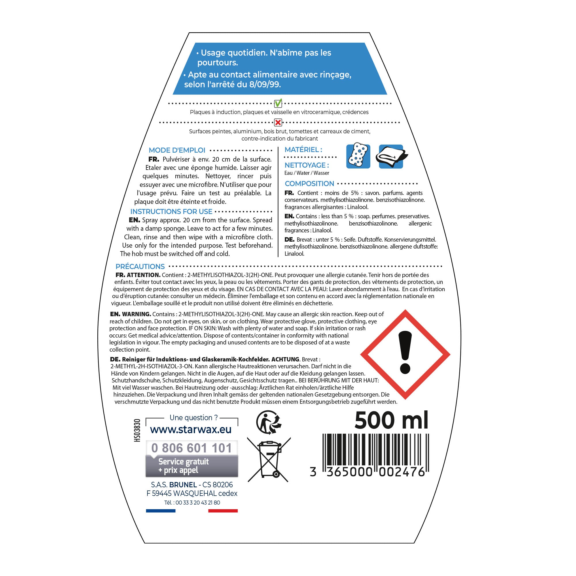 STARWAX - Nettoyant quotidien pour vitrocéramique et induction 500ml